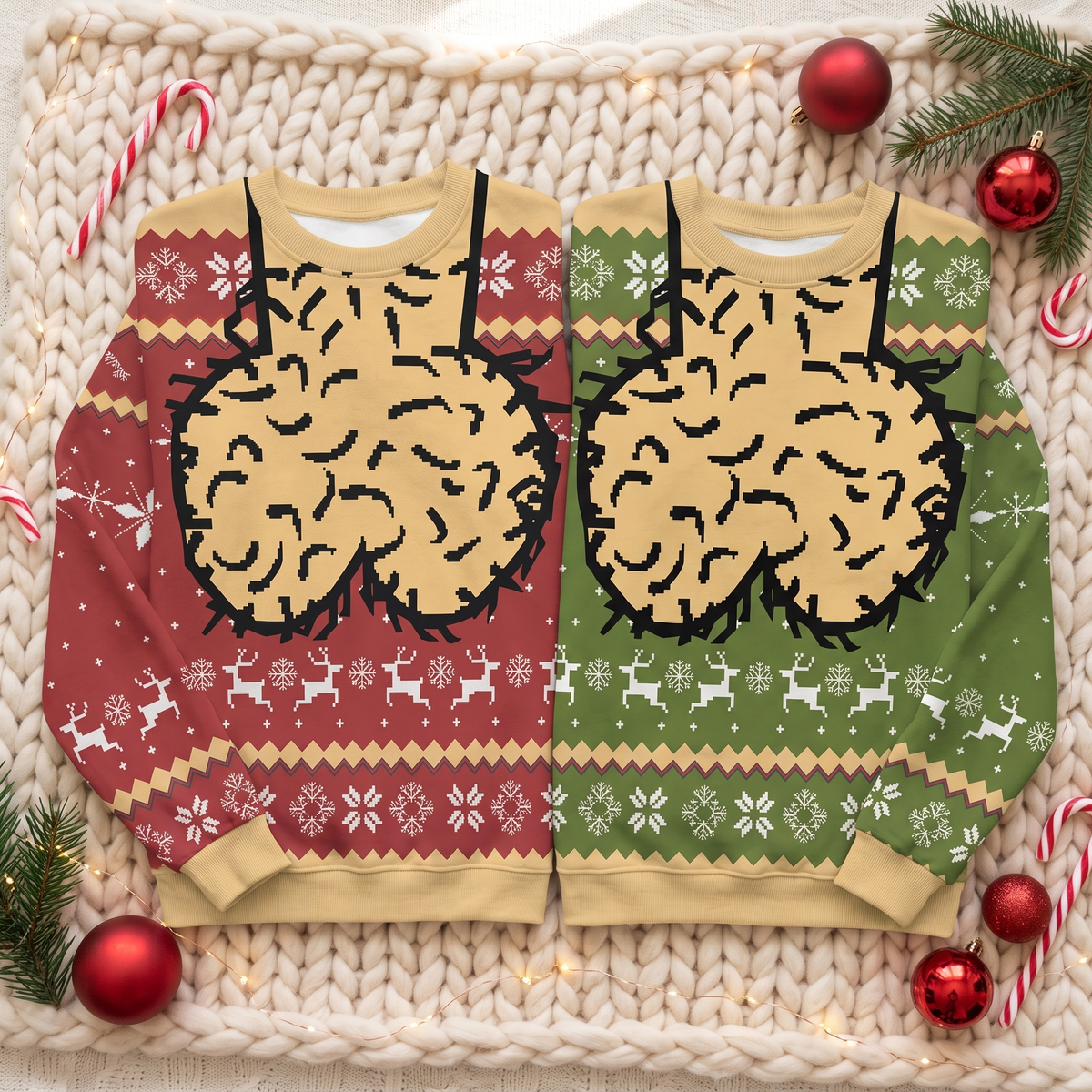 Red and green Merry Nutmas jumpers laid flat side by side