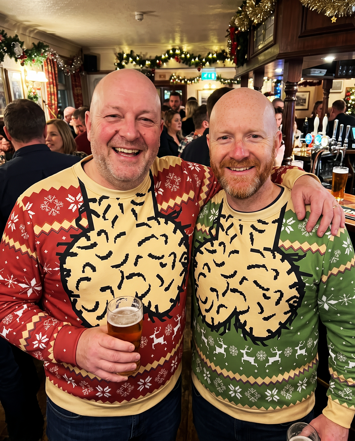 Two bald mates at the pub in red and green Merry Nutmas jumpers