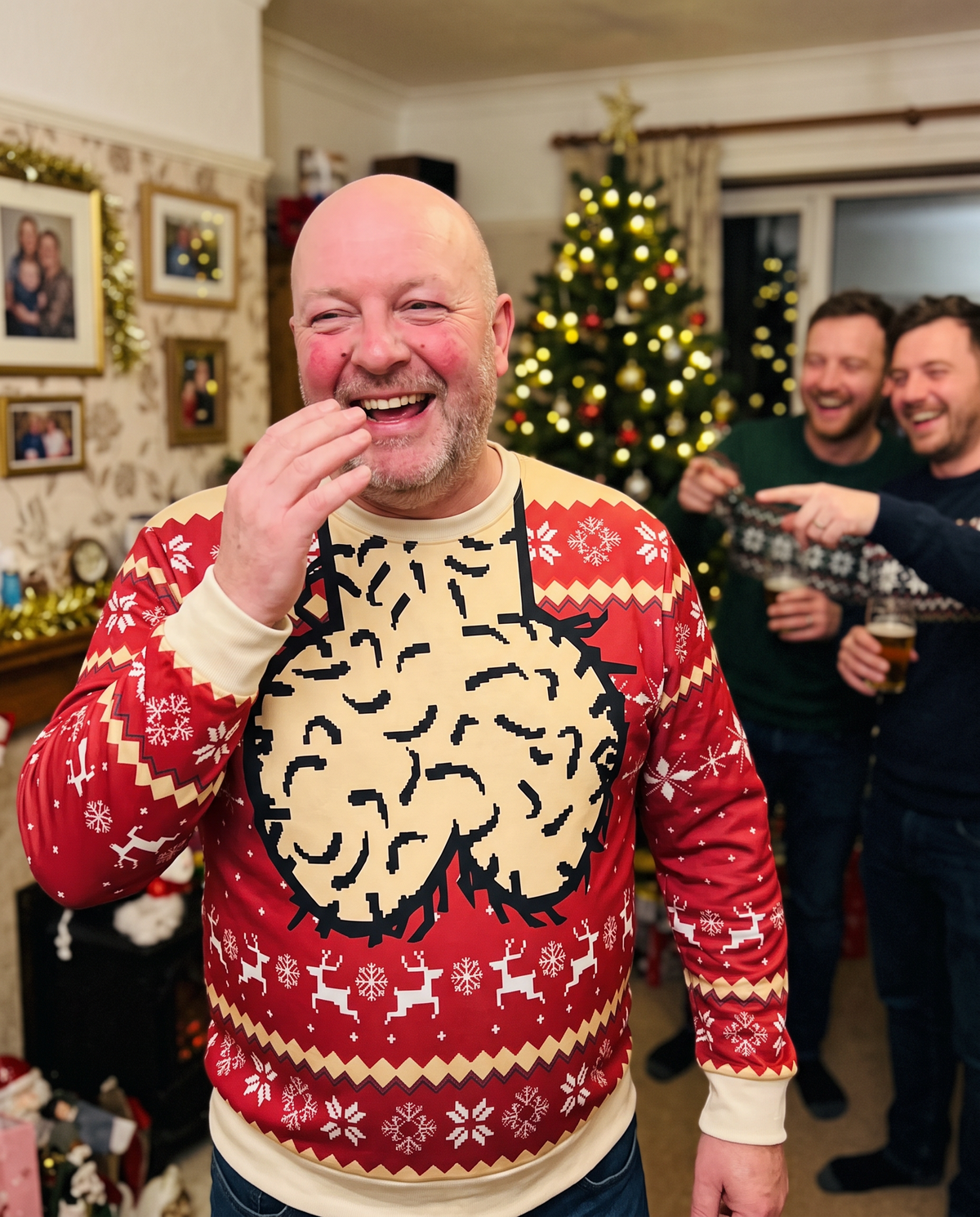 Bald dad cracking up at a Christmas party in the red Merry Nutmas jumper
