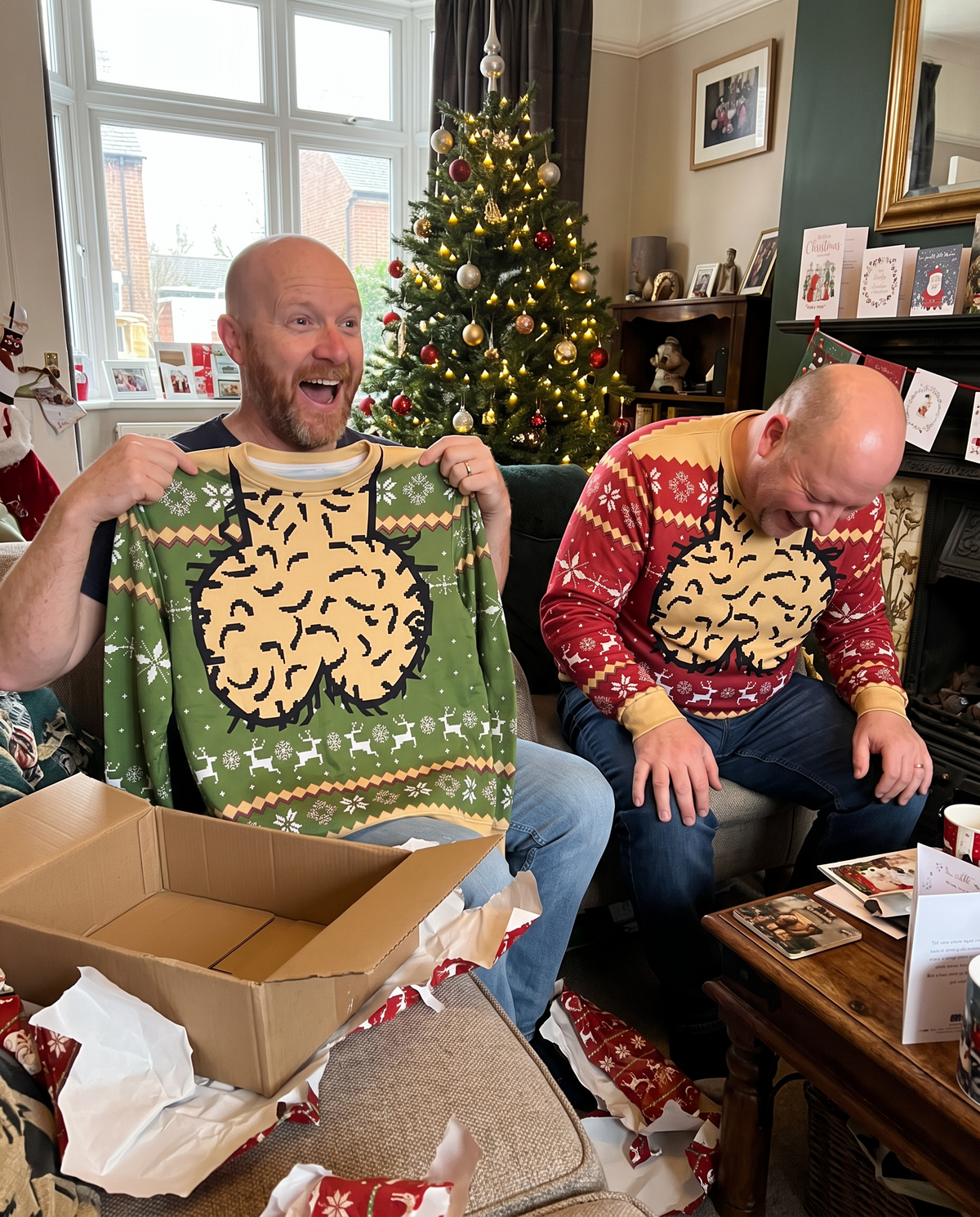 Bald mate unwrapping his green Merry Nutmas jumper on Christmas Day